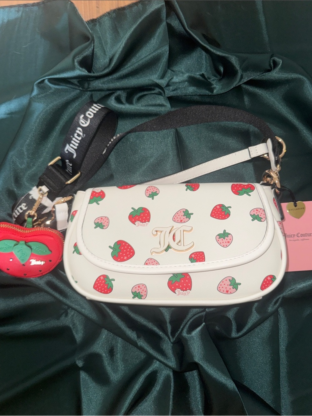 Juicy Couture White Strawberry Print Shoulder Bag with Strawberry Bag Charm